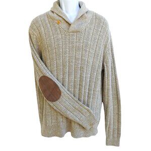 CoTToN J Crew Mens Ecru Cable Knit Sweater Leather Elbow Patches Shawl Collar L